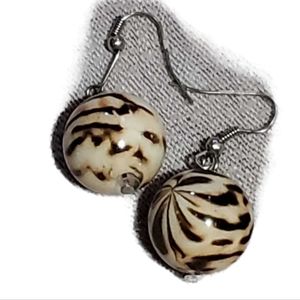 Round Marble Shaped Earrings Beige With Brown Tiger Stripes Animal Print